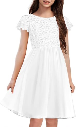 Hosika Summer Flower Girls Vintage Lace Chiffon A-Line شبه الرسمي لباس عيد ميلاد لمدة 6-12 سنة أطفال in Kuwait