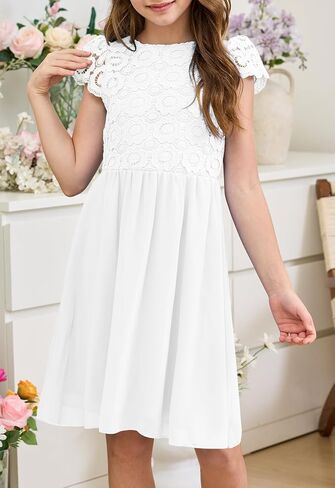 Hosika Summer Flower Girls Vintage Lace Chiffon A-Line شبه الرسمي لباس عيد ميلاد لمدة 6-12 سنة أطفال in Kuwait