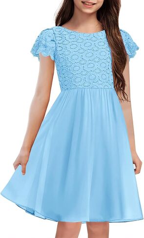 Hosika Summer Flower Girls Vintage Lace Chiffon A-Line شبه الرسمي لباس عيد ميلاد لمدة 6-12 سنة أطفال in Kuwait