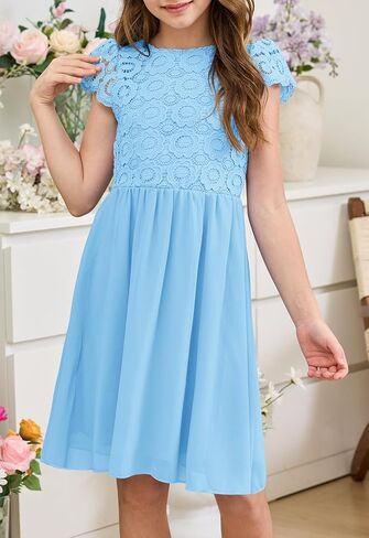 Hosika Summer Flower Girls Vintage Lace Chiffon A-Line شبه الرسمي لباس عيد ميلاد لمدة 6-12 سنة أطفال in Kuwait