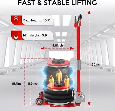 Air Jack 5 Ton 11000lbs Pneumatic Jack 3s Fast Lifting Height Up to 16Inch, Air Jacks for Cars with Adjustable Long Handle Heavy-Duty Triple Bag Air Jack Red in Saudi Arabia