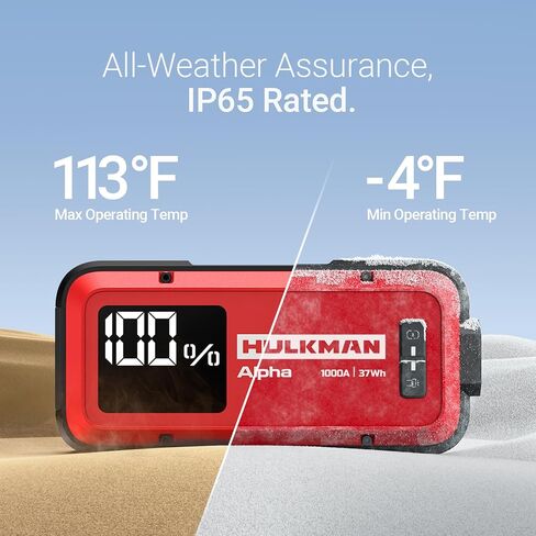 Hulkman Alpha ، Ultra Red ، 1000a 37WH Battery Jumper Starter Portable ، 12V قفزة للسيارات الحديثة مع كابلات الطائر ، لمحركات الديزل 6.5L GAS/3.0L ، شحن سريع 65 وات ، مصنفة IP65 ، شاشة LED كبيرة كبيرة in Kuwait