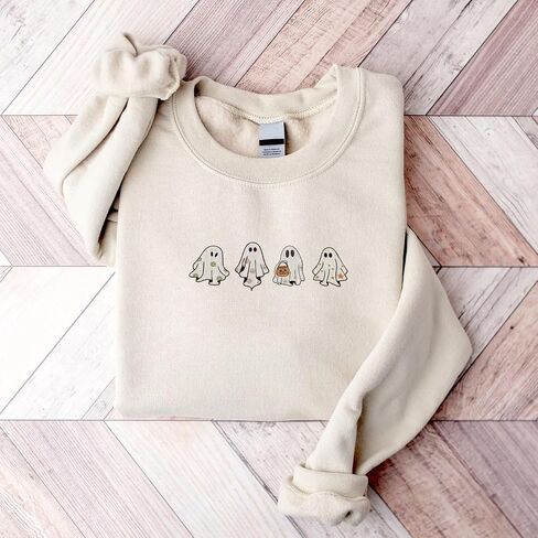 Embroidered Ghost Sweatshirt, Fall Sweatshirt for Women, Halloween Crewneck, Ghost Shirt, Spooky Season in Kuwait