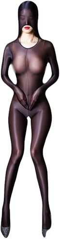 جوارب طويلة شفافة لامعة زيتية لامعة مقاس XL مقاس كبير مع غطاء رأس محكم الإغلاق بدون كروتشليس للحفلات التنكرية، أسود in Kuwait