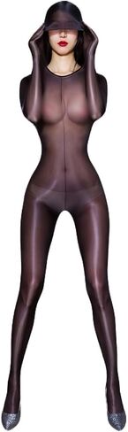جوارب طويلة شفافة لامعة زيتية لامعة مقاس XL مقاس كبير مع غطاء رأس محكم الإغلاق بدون كروتشليس للحفلات التنكرية، أسود in Kuwait