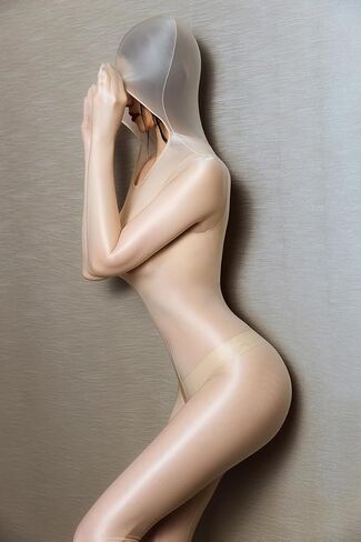 Shiny Glossy Oil Sheer Bodystocking Encasement Pantyhose XL Large Size with Hood Sealed Hand Crotchless for Cosplay, Black in Saudi Arabia