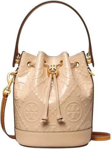 Tory Burch Mini T Monogram براءة اختراع حقيبة دلو جلدية ، تان in Saudi Arabia