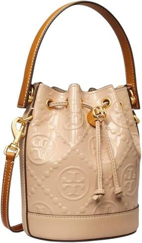 Tory Burch Mini T Monogram براءة اختراع حقيبة دلو جلدية ، تان in Saudi Arabia