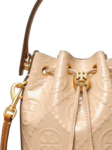Tory Burch Mini T Monogram براءة اختراع حقيبة دلو جلدية ، تان in Saudi Arabia