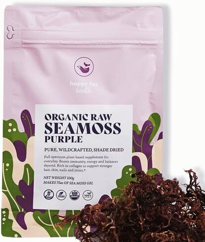 طحالب البحر الأرجوانية العضوية الخام لجل طحالب البحر من Happy Fox Health - تصنع 75 أونصة من جل طحالب البحر الأرجوانية العضوية - مصنوعة يدويًا، معتمدة من دكتور سيبي، غير معدلة وراثيًا - / 2.5+ موس - عبوة 100 جرام in Saudi Arabia