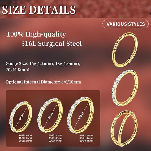 3pcs 16G 18G 20G Nose Rings Stainless Steel 4 Colors Choose Double Hoop Hinged CZ Piercing Jewelry Summer Sparkle Septum Clicker Rings Cartilage Earring Helix Rook Tragus Daith 6mm 8mm 10mm in Kuwait