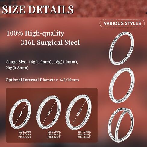 3pcs 16G 18G 20G Nose Rings Stainless Steel 4 Colors Choose Double Hoop Hinged CZ Piercing Jewelry Summer Sparkle Septum Clicker Rings Cartilage Earring Helix Rook Tragus Daith 6mm 8mm 10mm in Kuwait