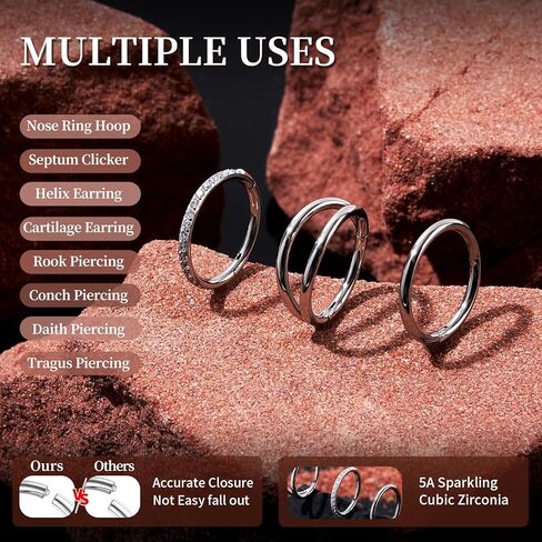 3pcs 16G 18G 20G Nose Rings Stainless Steel 4 Colors Choose Double Hoop Hinged CZ Piercing Jewelry Summer Sparkle Septum Clicker Rings Cartilage Earring Helix Rook Tragus Daith 6mm 8mm 10mm in Kuwait