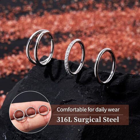 3pcs 16G 18G 20G Nose Rings Stainless Steel 4 Colors Choose Double Hoop Hinged CZ Piercing Jewelry Summer Sparkle Septum Clicker Rings Cartilage Earring Helix Rook Tragus Daith 6mm 8mm 10mm in Kuwait