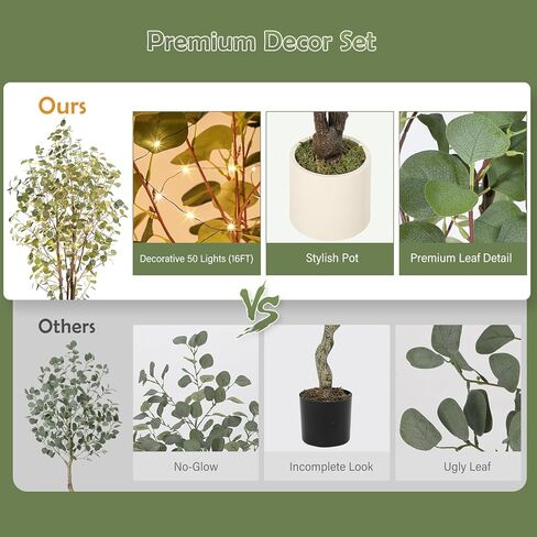 Garveehome الاصطناعي الأوكالبتوس شجرة داخلية ، 5 أقدام طول نبات اصطناعي مزيف مع زارع أبيض ， أشجار الحرير الأرضية الكبرى المزورة مع 50 أضواء الأشجار الاصطناعية للديكور المنزلي الداخلي in Kuwait