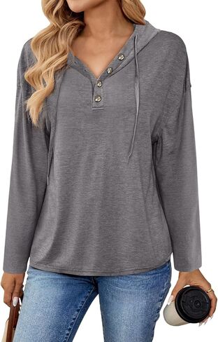 Dokotoo Women's Casual Hoodies Button Collar Drawstring Hooded Solid Long Sleeve Knit Lightweight Sweatshirt Tops in Saudi Arabia