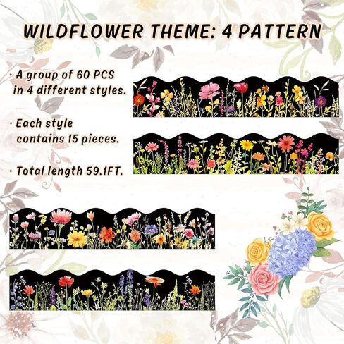 60 Pcs Spring Floral Bulletin Board Borders Cartoon Flower Bee Butterfly Self-Adhesive Border Trim Sticker Decals for Home Classroom Party Wall Decoration in Kuwait