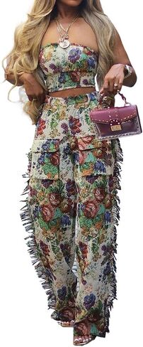 Women 2 Piece Outfits Sets Floral Jacquard Lace Up Strapless Cropped Tube Top Straight Leg Fringe Pants Set in Kuwait