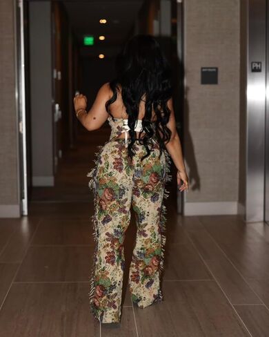 Women 2 Piece Outfits Sets Floral Jacquard Lace Up Strapless Cropped Tube Top Straight Leg Fringe Pants Set in Kuwait