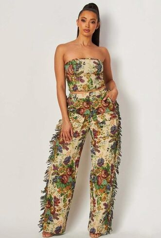 Women 2 Piece Outfits Sets Floral Jacquard Lace Up Strapless Cropped Tube Top Straight Leg Fringe Pants Set in Kuwait