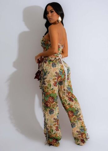 Women 2 Piece Outfits Sets Floral Jacquard Lace Up Strapless Cropped Tube Top Straight Leg Fringe Pants Set in Kuwait