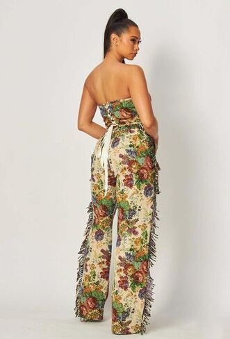 Women 2 Piece Outfits Sets Floral Jacquard Lace Up Strapless Cropped Tube Top Straight Leg Fringe Pants Set in Kuwait