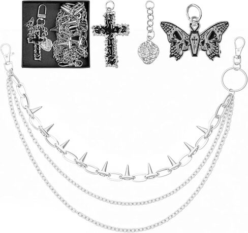 Pants Chain,2PCS for Men and Women – Double-Layer Belt Chain with Butterfly & Cross Charms – Wallet Chains for Men with Lobster Clasp – Pocket Chains for Jeans, Bags – Gothic Punk Accessory – Gift-Boxed in Saudi Arabia