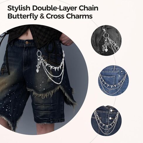 Pants Chain,2PCS for Men and Women – Double-Layer Belt Chain with Butterfly & Cross Charms – Wallet Chains for Men with Lobster Clasp – Pocket Chains for Jeans, Bags – Gothic Punk Accessory – Gift-Boxed in Saudi Arabia
