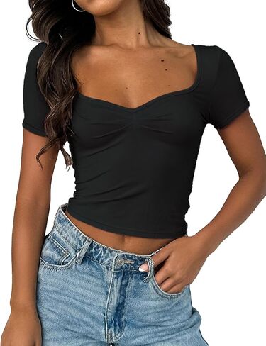 Women's Short Sleeve Going Out Crop Top Sexy Pleated Cute Shirt Sweetheart Neck Y2K Ruched Cropped Tops in Kuwait