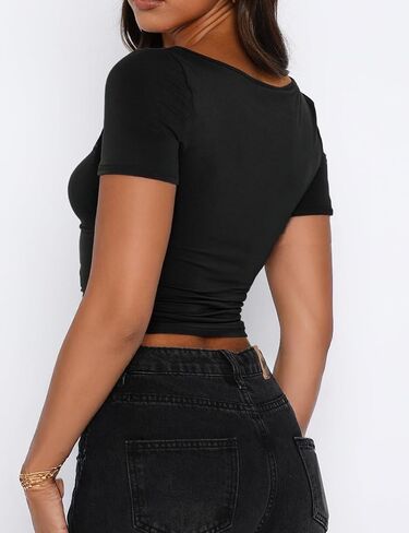 Women's Short Sleeve Going Out Crop Top Sexy Pleated Cute Shirt Sweetheart Neck Y2K Ruched Cropped Tops in Kuwait