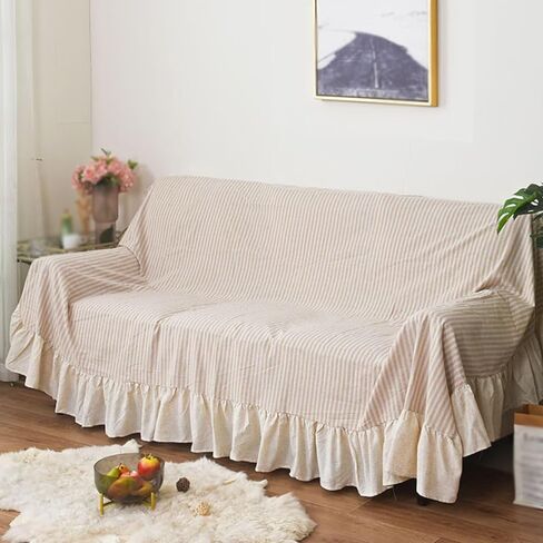 JadeRich One Piece Couch Cover Ruffle Hem Sofa Towel Cotton Linen Sofa Protector in Kuwait