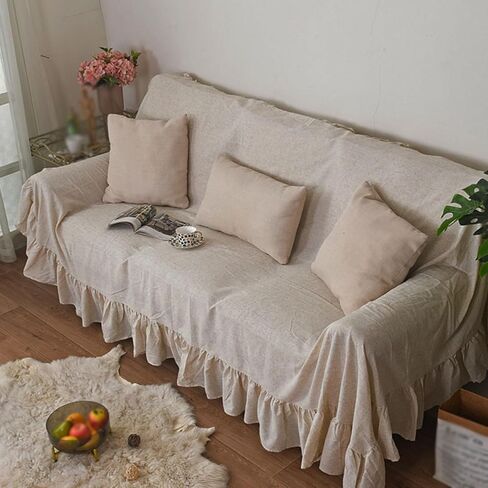 JadeRich One Piece Couch Cover Ruffle Hem Sofa Towel Cotton Linen Sofa Protector in Kuwait