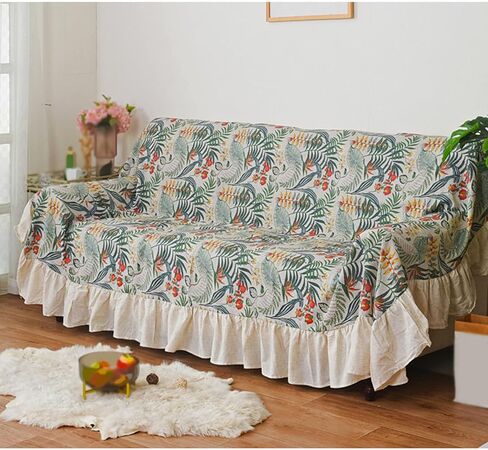 JadeRich One Piece Couch Cover Ruffle Hem Sofa Towel Cotton Linen Sofa Protector in Kuwait