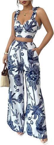 SweatyRocks Women's 2 Piece Boho Vacation Outfit Graphic Tie Shoulder Crop Top and Wide Leg Pants Sets in Saudi Arabia