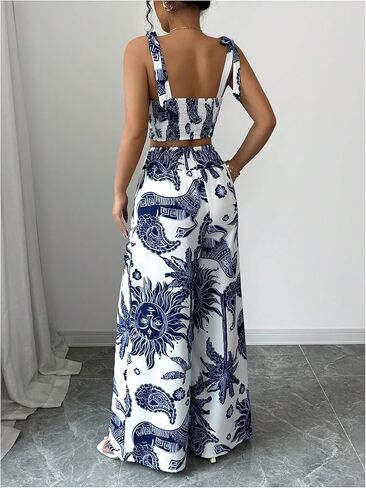 SweatyRocks Women's 2 Piece Boho Vacation Outfit Graphic Tie Shoulder Crop Top and Wide Leg Pants Sets in Saudi Arabia