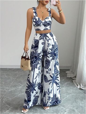 SweatyRocks Women's 2 Piece Boho Vacation Outfit Graphic Tie Shoulder Crop Top and Wide Leg Pants Sets in Saudi Arabia