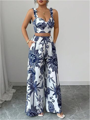 SweatyRocks Women's 2 Piece Boho Vacation Outfit Graphic Tie Shoulder Crop Top and Wide Leg Pants Sets in Saudi Arabia