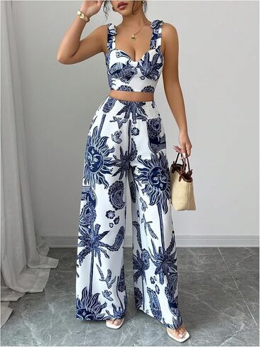 SweatyRocks Women's 2 Piece Boho Vacation Outfit Graphic Tie Shoulder Crop Top and Wide Leg Pants Sets in Saudi Arabia