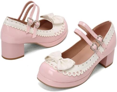 Seborluys Lolita chunky Heel Mary Janes Shoes Womens with Bow Kawaii Cute Dress Platform Platfor in Kuwait