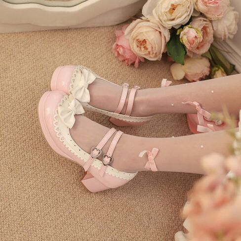 Seborluys Lolita chunky Heel Mary Janes Shoes Womens with Bow Kawaii Cute Dress Platform Platfor in Kuwait