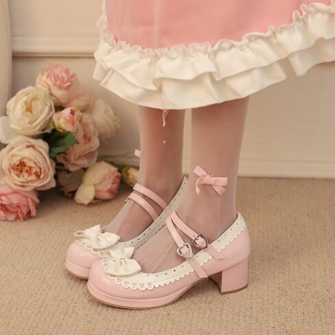 Seborluys Lolita chunky Heel Mary Janes Shoes Womens with Bow Kawaii Cute Dress Platform Platfor in Kuwait