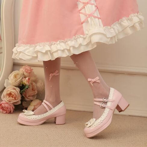 Seborluys Lolita chunky Heel Mary Janes Shoes Womens with Bow Kawaii Cute Dress Platform Platfor in Kuwait