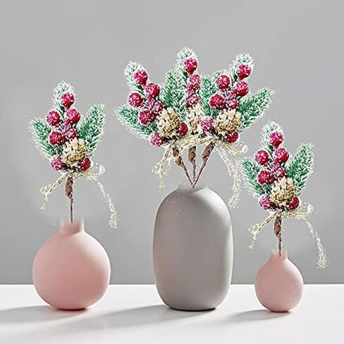 Christmas Berry Stems Artificial Pine Cones, 8Pcs Christmas Picks Spray Evergreen Artificial Pine Branches White Holly Spray Winter Holiday Floral Picks Wreath Picks for Xmas Tree Wreath Decor in Kuwait