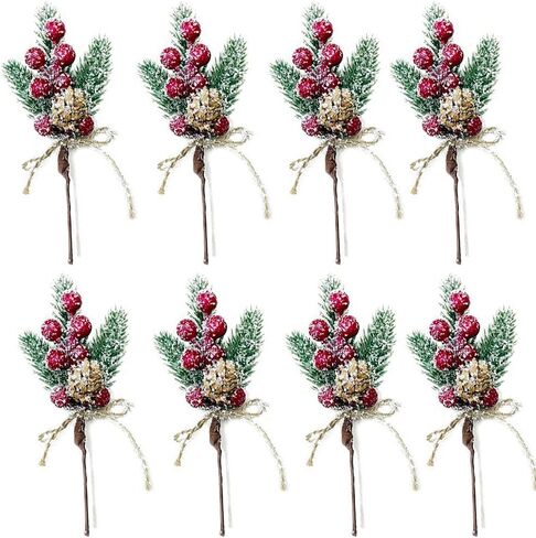 Christmas Berry Stems Artificial Pine Cones, 8Pcs Christmas Picks Spray Evergreen Artificial Pine Branches White Holly Spray Winter Holiday Floral Picks Wreath Picks for Xmas Tree Wreath Decor in Kuwait