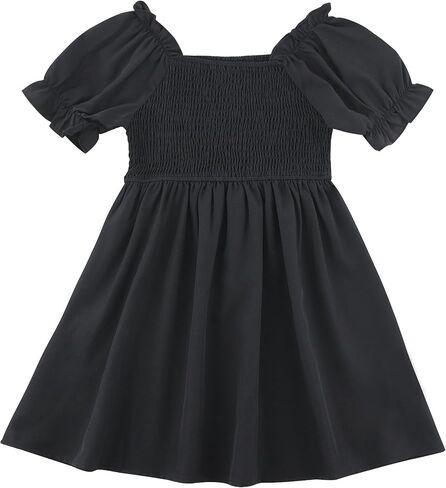 Girls Square Neck Dress Ruffled Puff Sleeve Smocked A Line Dresses 3-14 Years in Kuwait
