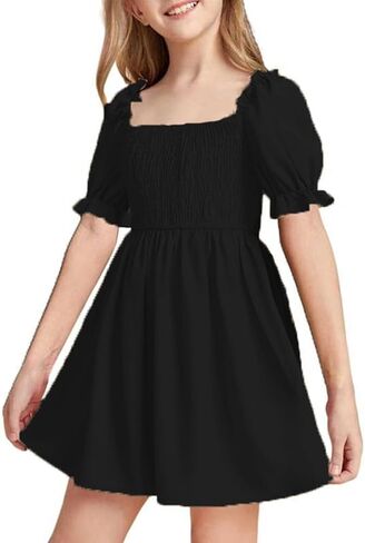 Girls Square Neck Dress Ruffled Puff Sleeve Smocked A Line Dresses 3-14 Years in Kuwait