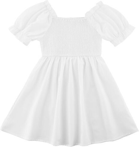 Girls Square Neck Dress Ruffled Puff Sleeve Smocked A Line Dresses 3-14 Years in Kuwait