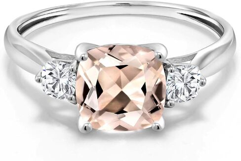 GEM Stone King 10K White Gold Peach Morganite و Moissanite 3 خاتم الخطوبة الحجري للنساء (1.56 CTTW ، وسادة 7 مم ، الأحجار الكريمة شهر أكتوبر) in Saudi Arabia