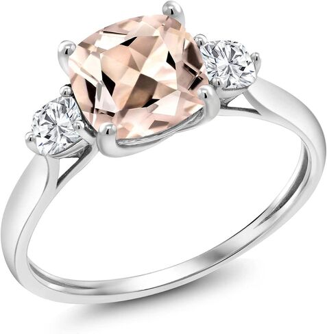 GEM Stone King 10K White Gold Peach Morganite و Moissanite 3 خاتم الخطوبة الحجري للنساء (1.56 CTTW ، وسادة 7 مم ، الأحجار الكريمة شهر أكتوبر) in Saudi Arabia