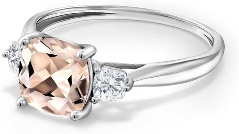 GEM Stone King 10K White Gold Peach Morganite و Moissanite 3 خاتم الخطوبة الحجري للنساء (1.56 CTTW ، وسادة 7 مم ، الأحجار الكريمة شهر أكتوبر) in Saudi Arabia